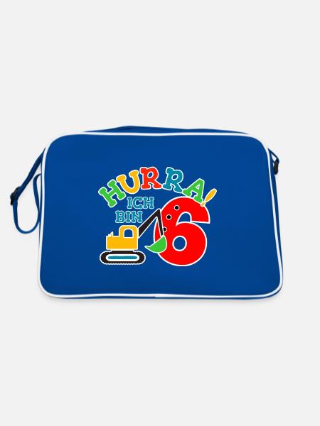 6. Geburstag Bagger - Retro Tasche - Blau/Weiß - Hinten