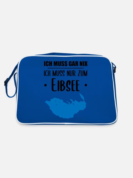 "Ich muss nur zum Eibsee" - Berge und See Design - Retro Tasche - Blau/Weiß - Hinten