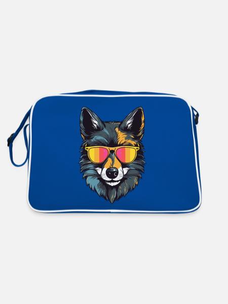 Wolf Kopf Porträt Cool - Retro Tasche - Blau/Weiß - Hinten