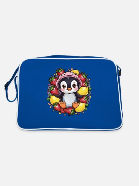 Cartoon kawaii penguin with strawberries and lemons - Retro Bag - blue/white - Back