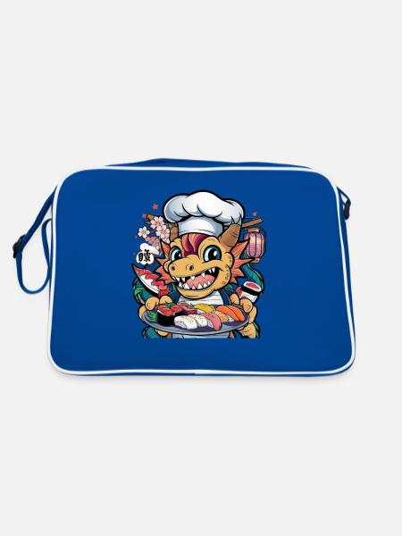 Großer Cartoon Kawaii Drache mit Sushi Platte. - Retro Tasche - Blau/Weiß - Hinten