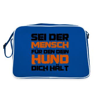 Lustiger Spruch Sei der Mensch für den dein Hund - Retro Tasche - Blau/Weiß - Hinten