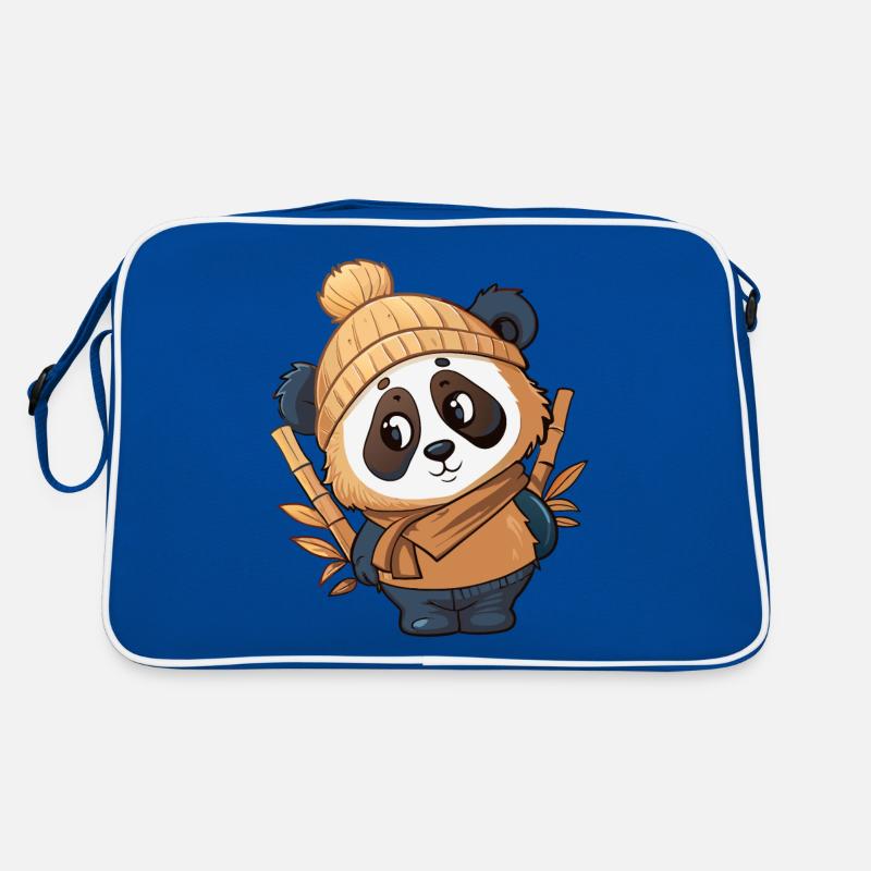 Panda mignon avec écharpe et chapeau à pompon. Sac Retro