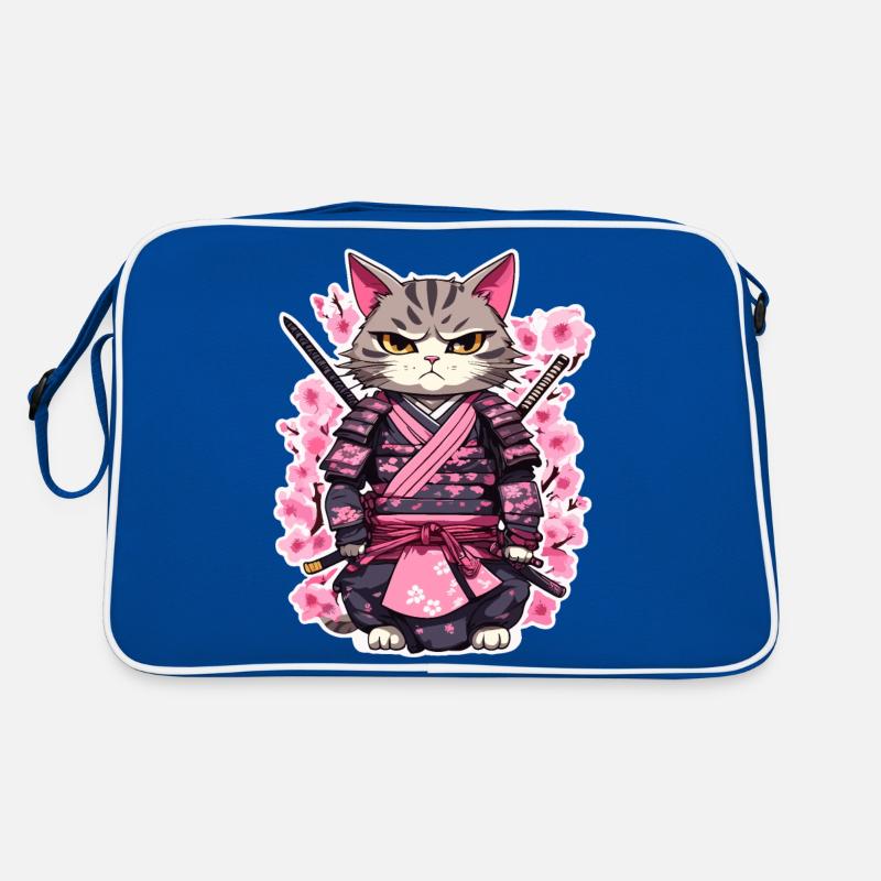 Chat samouraï & fleurs de cerisier #7 - Sac Retro - bleu/blanc