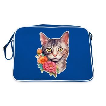 British Shorthair Cat Head with Flowers - Retro Bag - blue/white - Back