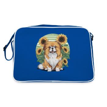 Sommerliches Sonnenblumenmotiv mit süßem Pekinese. - Retro Tasche - Blau/Weiß - Hinten