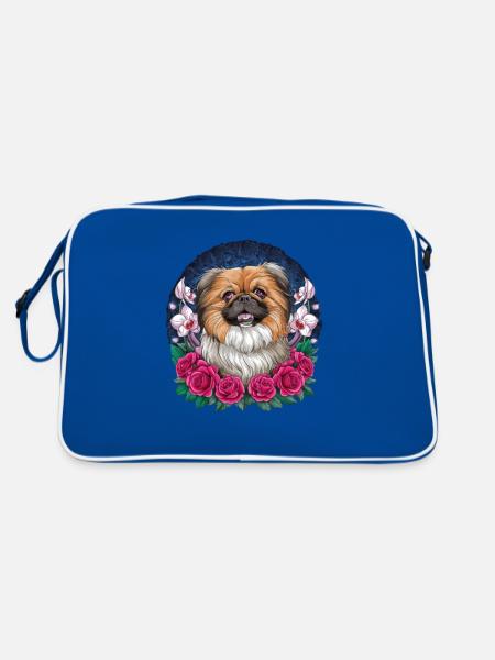 Dessin animé pékinois avec des orchidées et des roses - Sac Retro - bleu/blanc - Dos