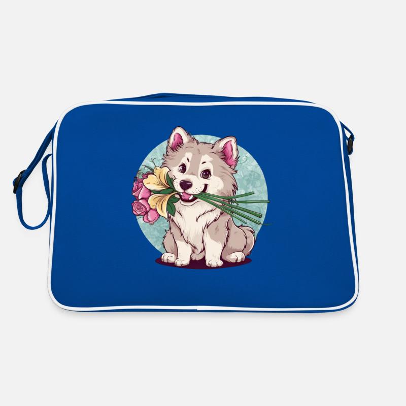 Süßer Samojede Spitz mit Rosen und Lillien Retro Tasche