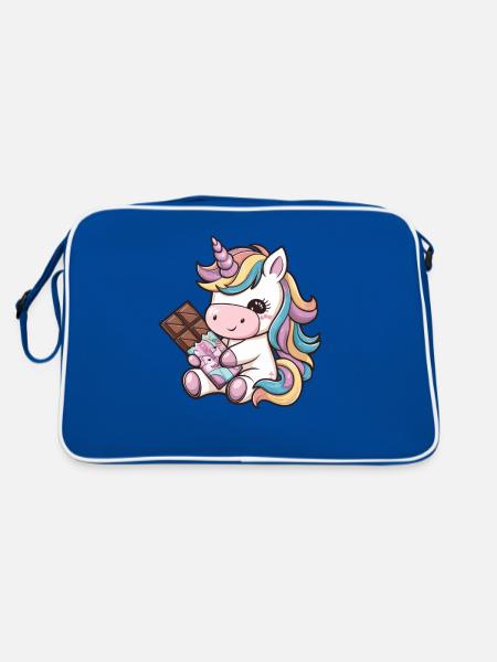 Süßes Kawaii Einhorn mit Schokolade - Retro Tasche - Blau/Weiß - Hinten