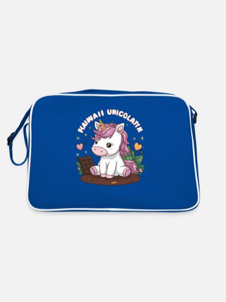 Süßes Kawaii Einhorn mit Schokolade - Retro Tasche - Blau/Weiß - Hinten