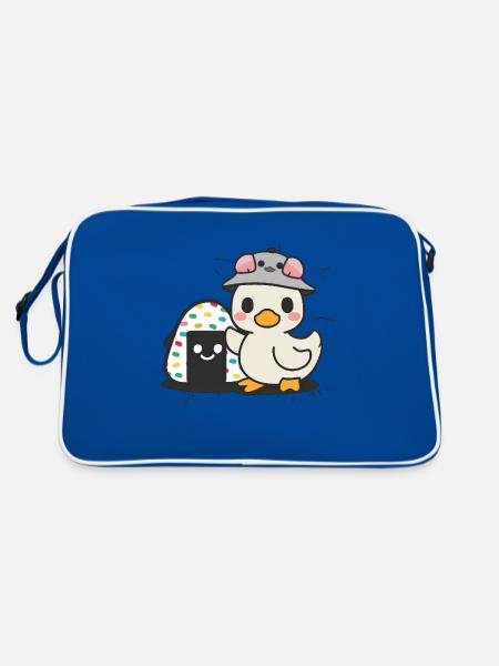 Caneton kawaii dans le style dessin animé avec de gros onigiri - Sac Retro - bleu/blanc - Dos