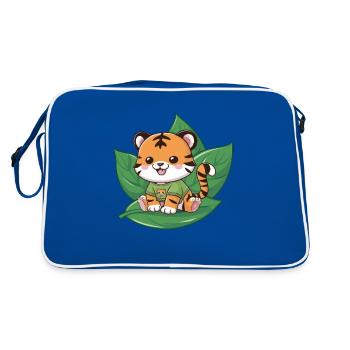 Tiger im Cartoon Stil mit grünem Tee - Retro Tasche - Blau/Weiß - Hinten
