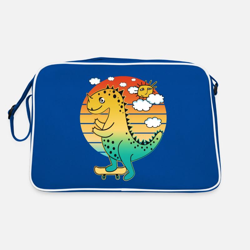Cartoon dinosaur with first tooth on skateboard. Retro Bag