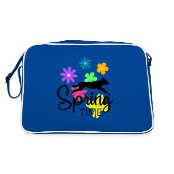Frühlingsdesign - springender Hund und Blumen - Retro Tasche - Blau/Weiß - Hinten