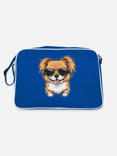 Cartoon Pekiniese, cooles Motiv mit Sonnenbrille - Retro Tasche - Blau/Weiß - Hinten