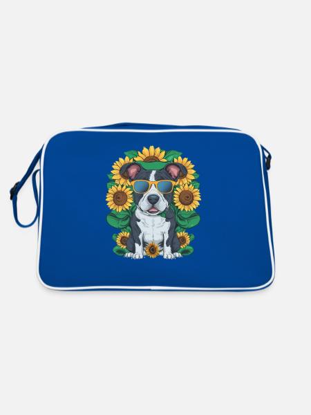 Staffordshire Bull Terrier mit Sonnenblumen - Retro Tasche - Blau/Weiß - Hinten