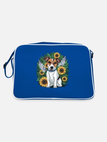 Süßer Jack Russel Terrier mit Sonnenblumen - Retro Tasche - Blau/Weiß