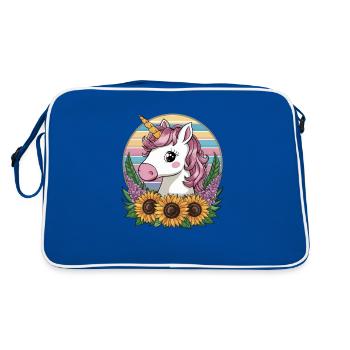 Kawaii Einhorn mit Sonnenblumen und Flieder - Retro Tasche - Blau/Weiß - Hinten