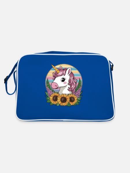 Kawaii Einhorn mit Sonnenblumen und Flieder - Retro Tasche - Blau/Weiß - Hinten