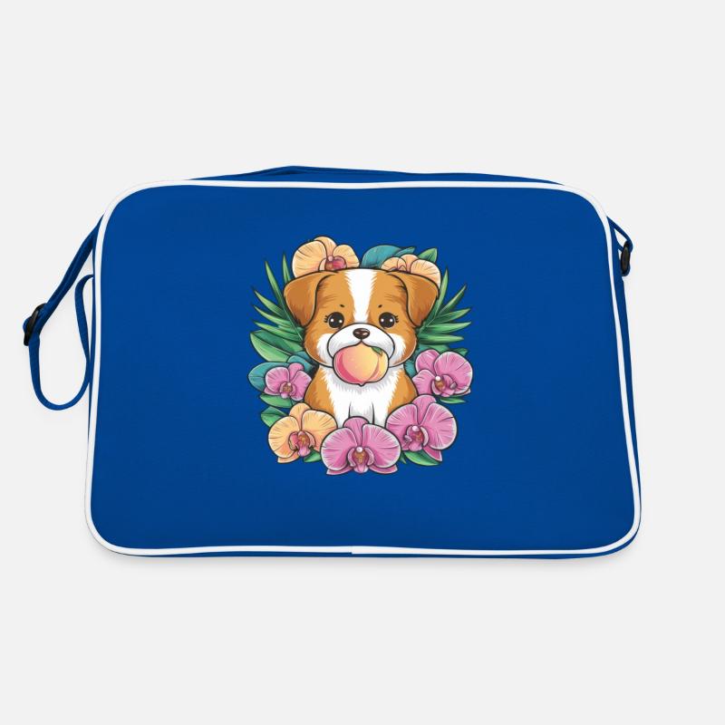 Kawaii cartoon dog with peach and orchids Retro Bag