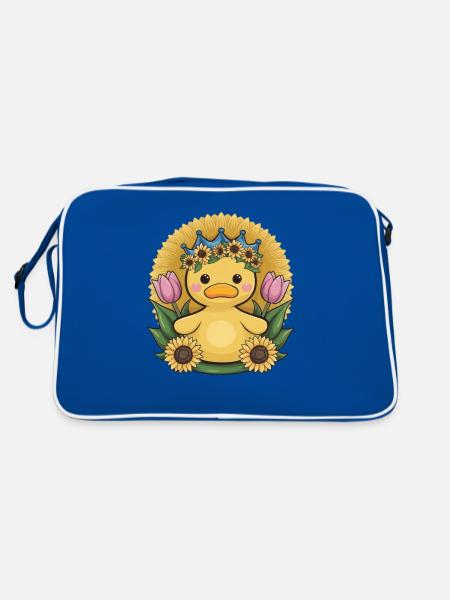 Kawaii duck with crown, tulips and sunflowers - Retro Bag - blue/white - Back