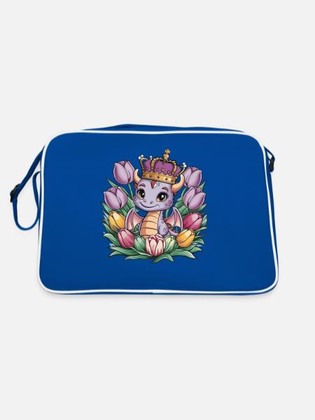 Drache mit Krone und farbenfrohen Tulpen - Retro Tasche - Blau/Weiß - Hinten