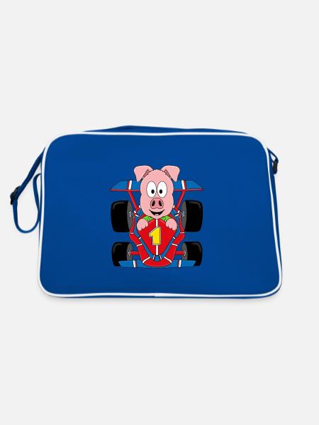 SCHWEIN - AUTO - RENNWAGEN - AUTORENNEN - TIER - Retro Tasche - Blau/Weiß - Hinten