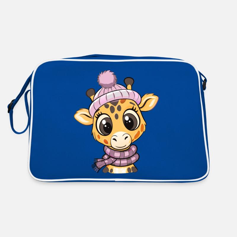 Jolie girafe avec écharpe et chapeau à pompon. Sac Retro
