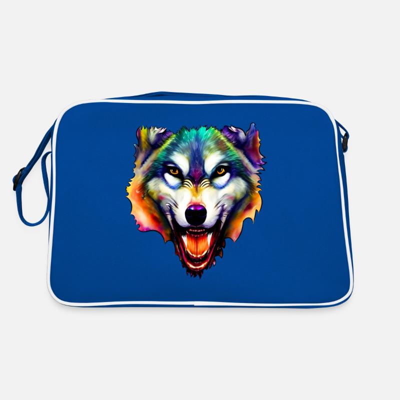 Wolfs Gesicht bunt Aquarell Wolfskopf - Retro Tasche - Blau/Weiß