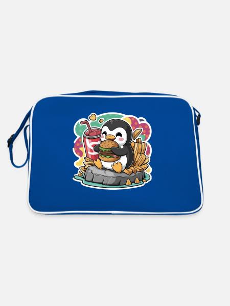 Pingouin avec boisson gazeuse, burger, frites - Sac Retro - bleu/blanc - Dos
