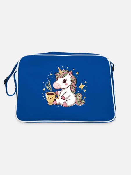 Süßes Kawaii Einhorn liebt grünen Tee - Retro Tasche - Blau/Weiß - Hinten