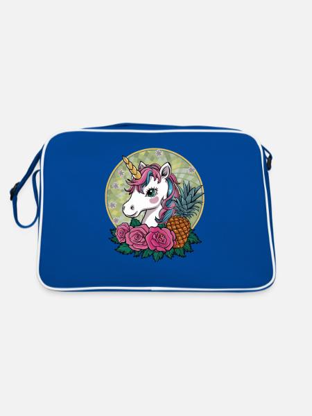 Süßes Cartoon Kawaii Einhorn mit Rosen & Ananas - Retro Tasche - Blau/Weiß - Hinten