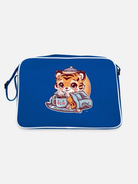 Kawaii Tiger mit Tasse und Decke - Retro Tasche - Blau/Weiß - Hinten