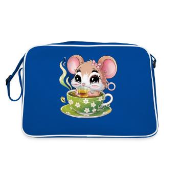 Cartoon Kawaii Mouse Drinking Green Tea - Retro Bag - blue/white - Back