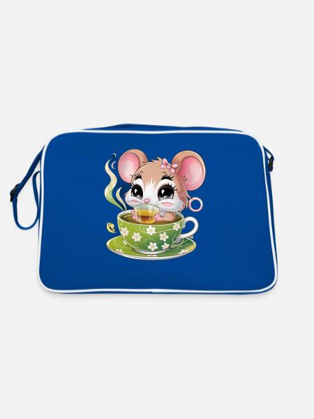 Cartoon Kawaii Mouse Drinking Green Tea - Retro Bag - blue/white - Back
