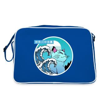 Katze und große Welle - Retro Tasche - Blau/Weiß - Hinten
