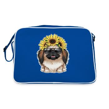 Sommerliches Sonnenblumenmotiv mit süßem Pekinese. - Retro Tasche - Blau/Weiß - Hinten