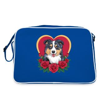 Cartoon Australian Shepherd Dog with Roses - Retro Bag - blue/white - Back