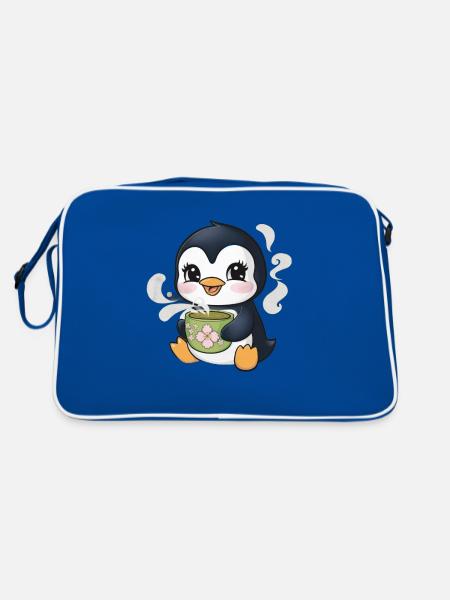 Cartoon kawaii penguin with green tea - Retro Bag - blue/white - Back