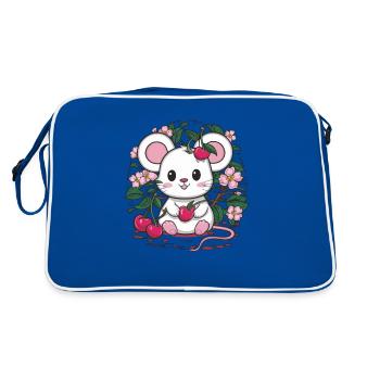 Mäuschen mit Kirschen und Sakura Kirschblüten - Retro Tasche - Blau/Weiß - Hinten