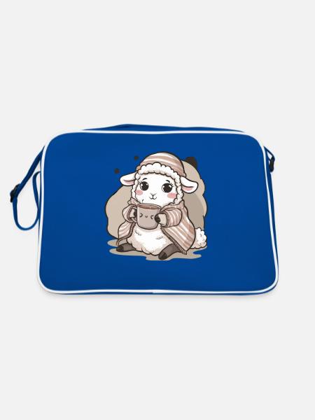 Kawaii Schaf mit Tasse und Decke - Retro Tasche - Blau/Weiß - Hinten