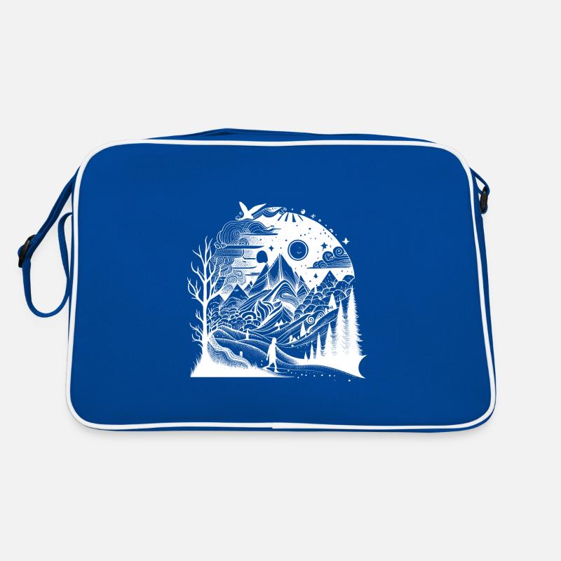 Hikers, landscape with mountains, trees and patterns Retro Bag