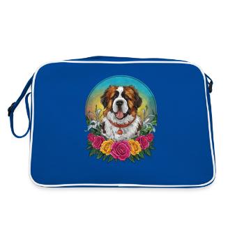 St. Bernard cartoon dog with roses and lilies - Retro Bag - blue/white - Back