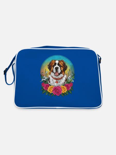 St. Bernard cartoon dog with roses and lilies - Retro Bag - blue/white - Back