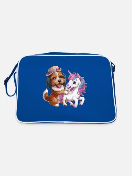 Cartoon Havanese spielt mit Einhorn märchenhaft - Retro Tasche - Blau/Weiß - Hinten