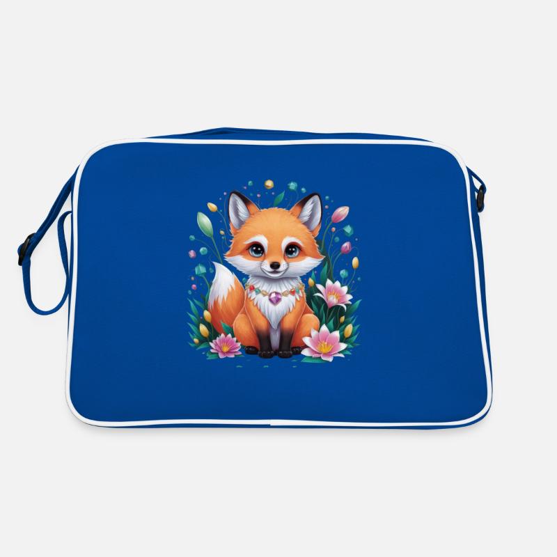 Cartoon Kawaii Fuchs mit farbenfrohen Blumen Retro Tasche