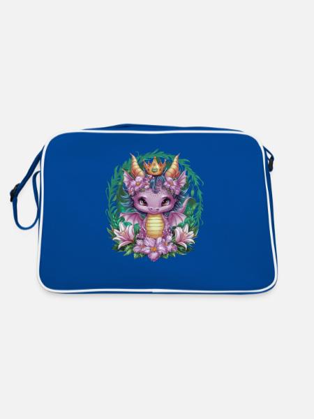 Drache mit Krone und farbenfrohen Blumen - Retro Tasche - Blau/Weiß - Hinten
