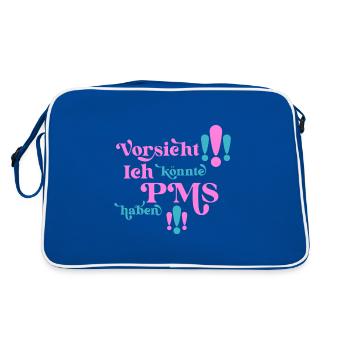 PMS Warnhinweis für Frauen mit Hormonen und Humor - Retro Tasche - Blau/Weiß - Hinten