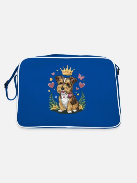 Norfolk Terrier mit Herzen, Krone, Schmetterlingen - Retro Tasche - Blau/Weiß - Hinten