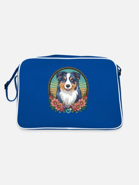 Cute Australian Shepherd Dog with Flowers - Retro Bag - blue/white - Back